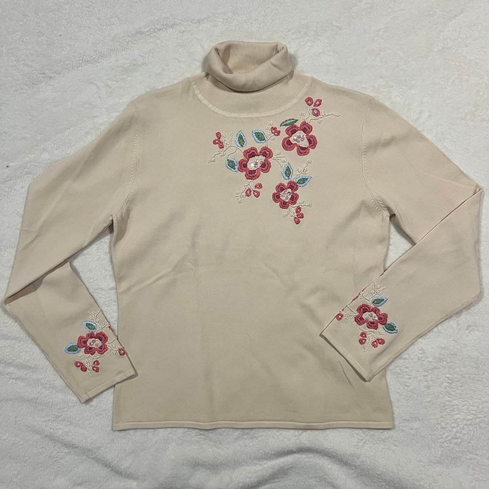 MICHELLE NICOLE Cream beaded Floral Turtleneck‎ Womens XL grannycore cottagecore